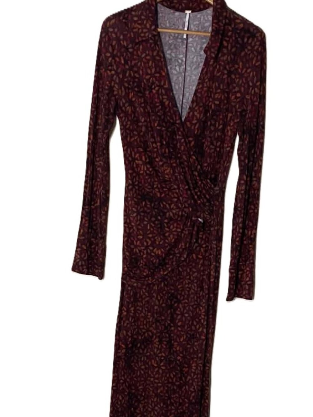 Free People Shayla Wrap Midi Dress L Brown Floral Leaf Long Sleeve V Neck